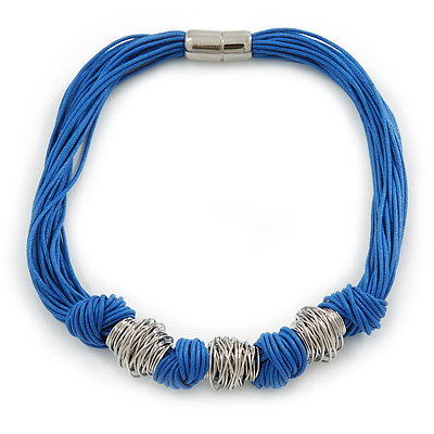 Chunky Multistrand Blue Waxed Cord with Silver Tone Rings Necklace, with Magnetic Closure - 42cm L - main view