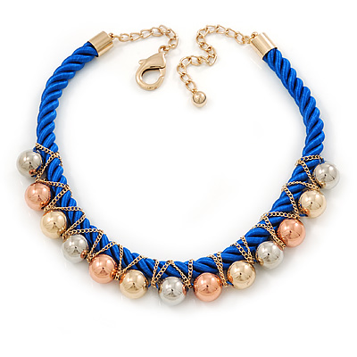 Blue Silk Cord With Gold/ Silver/ Rose Gold Balls Choker Necklace - 42cm L/ 5cm Ext - main view