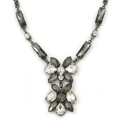 Victorian Style Grey/ Clear Glass Stone V Shape Necklace In Black Tone Metal - 42cm L/ 7cm Ext - main view