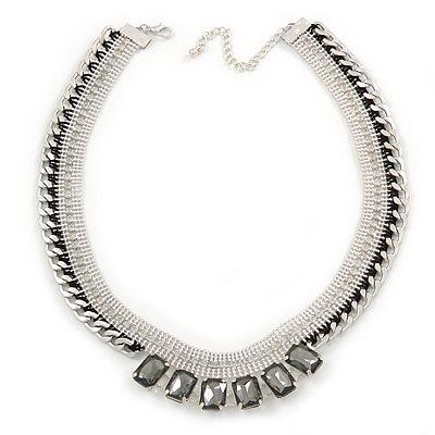 Statement Light Silver Mesh Chain Clear Crystal, Grey Glass Stone Necklace - 40cm L/ 7cm Ext - main view