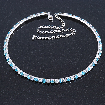 Thin Light Blue/ Clear Austrian Crystal Choker Necklace In Rhodium Plated Metal - 33cm L/ 16cm Ext - main view