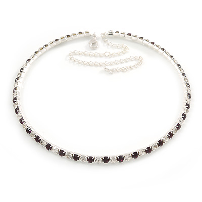Thin Deep Purple/ Clear Austrian Crystal Choker Necklace In Rhodium Plated Metal - 33cm L/ 16cm Ext - main view