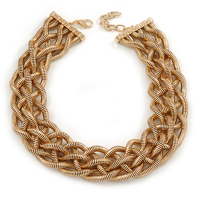 Statement Plaited Textured Chain Necklace In Gold Plated Metal - 49cm L/ 7cm Ext