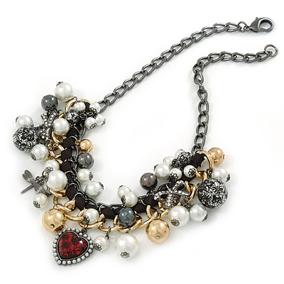 Statement Bead Charm Chunky Chain Necklace In Black Tone - 45cm L - main view