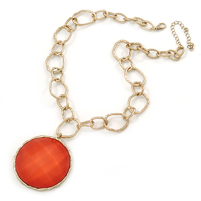 Salmon Red Glass Medallion Pendant with Hammered Chunky Chain In Gold Tone - 43cm L/ 7cm Ext
