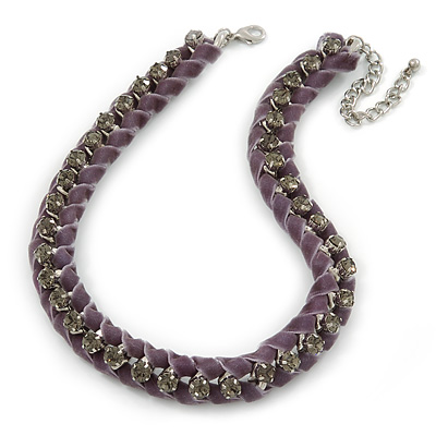 Statement Chunky Chain with Lavender Velour Ribbon, Grey Crystal Necklace In Silver Tone - 39cm L/ 8cm Ext