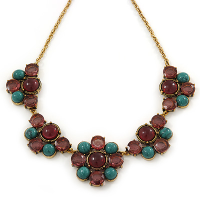 Vintage Inspired Turquoise, Purple Glass Bead Floral Necklace with Gold Tone Chain - 40cm L/ 5cm Ext