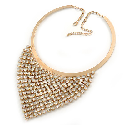 Egyptian Style Clear Crystal Bib Bar Choker Necklace In Brushed Gold Tone - 40cm L/ 7cm Ext