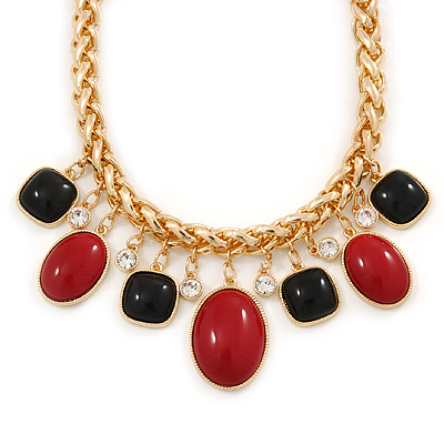 Statement Red/ Black Resin Bead Carm Thick Chunky Gold Link Chain Necklace - 43cm L/ 7cm Ext - main view