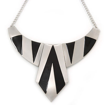 Statement Structural Bib Style Necklace In Silver Tone with Black Enamel - 42cm L/ 6cm Ext - main view