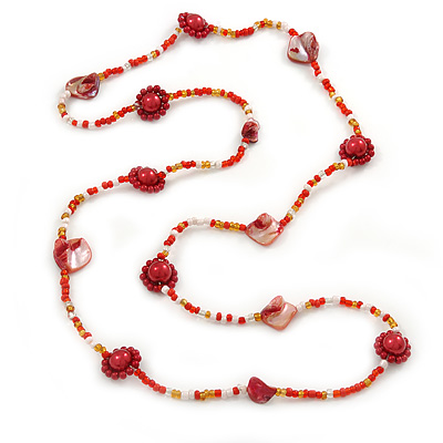 Long Red Shell, Orange, White Glass Bead Necklace - 100cm L - main view