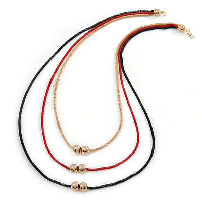 3 Strand, Beaded, Layered Mesh Chain Necklace In Black/ Red/ Gold Tone - 86cm L - main view