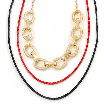 3 Strand, Layered Oval Link, Box Style Chain Necklace In Black/ Red/ Gold Tone - 86cm L - main view