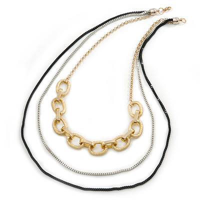 3 Strand, Layered Oval Link, Box Style Chain Necklace In Black/ Silver/ Gold Tone - 86cm L - main view