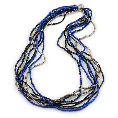 Silver/ Blue/ Black Multistrand Glass Bead Long Necklace - 72cm L - main view