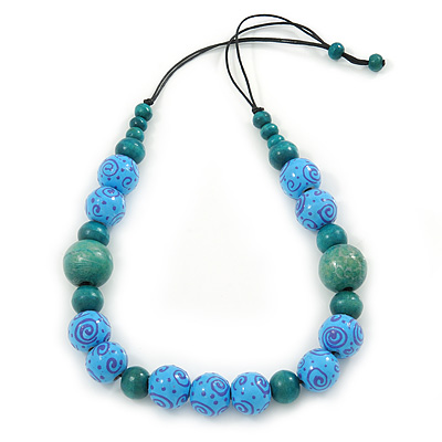 Light Blue/ Teal Beaded Necklace with Black Cotton Cords - 68cm L - main view