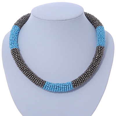 Statement Chunky Grey, Light Blue Beaded Stretch Choker Necklace - 44cm L - main view