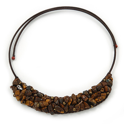 Brown Semiprecious Stone Collar Flex Wire Choker Necklace - Adjustable - main view