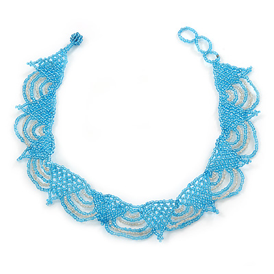 Light Blue/ Transparent Glass Bead Lacy Choker Necklace - 36cm L/ 3cm Ext - main view