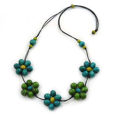 Green/ Teal Wood Bead Floral Black Cotton Cord Necklace - 80cm L - main view