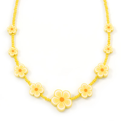 Children's Bright Yellow Floral Necklace with Silver Tone Closure - 36cm L/ 6cm Ext - main view