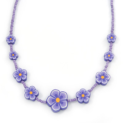Children's Purple Floral Necklace with Silver Tone Closure - 36cm L/ 6cm Ext - main view