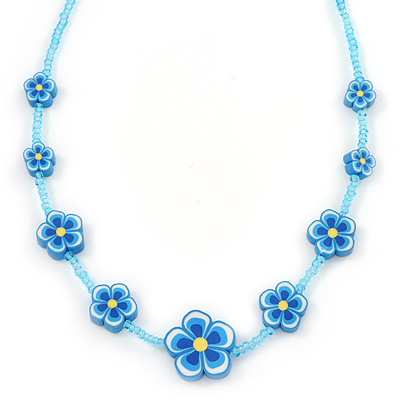 Children's Blue Floral Necklace with Silver Tone Closure - 36cm L/ 6cm Ext - main view
