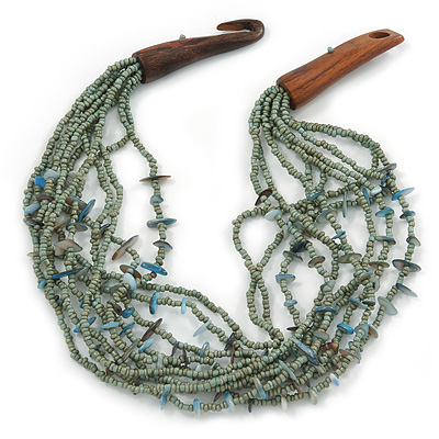 Ethnic Multistrand Sea Green Glass Necklace With Wood Hook Closure - 50cm L