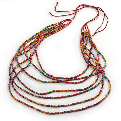 Long Multistrand, Layered Multicoloured Wood Bead Necklace with Red Suede Cord - Adjustable - 110cm/ 140cm L - main view