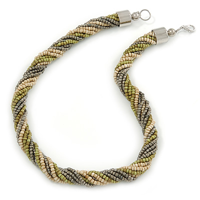 Chunky Multistrand Glass Bead Twisted Necklace with Silver Tone Closure (Olive, Metallic Grey, Antique White) - 45cm L - main view