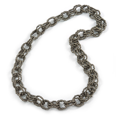 Chunky Oval Link Metallic Grey Glass Bead Long Necklace - 100cm L - main view
