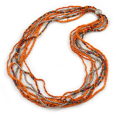 Multistrand Orange/ Metallic Silver Glass Bead Long Necklace - 74cm L - main view