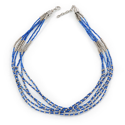 Blue Glass Bead Multistrand Necklace In Silver Tone - 48cm L/ 3cm Ext - main view