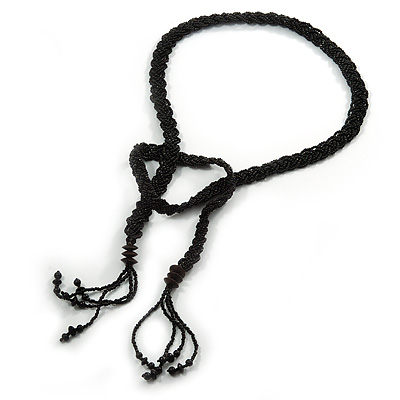 Long Black Glass Bead Lariat Necklace - 118cm L