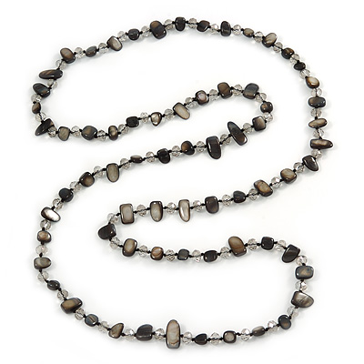 Long Black Shell Nugget and Transparent Glass Crystal Bead Necklace - 110cm L - main view