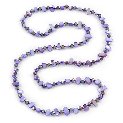 Long Purple Shell Nugget and Glass Crystal Bead Necklace - 110cm L