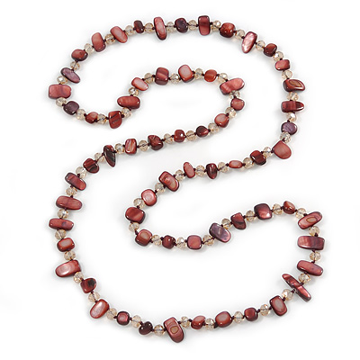Long Dark Burgundy Shell Nugget and Transparent Glass Crystal Bead Necklace - 110cm L - main view