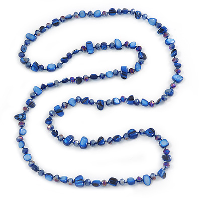 Long Royal Blue Shell Nugget and Glass Crystal Bead Necklace - 110cm L