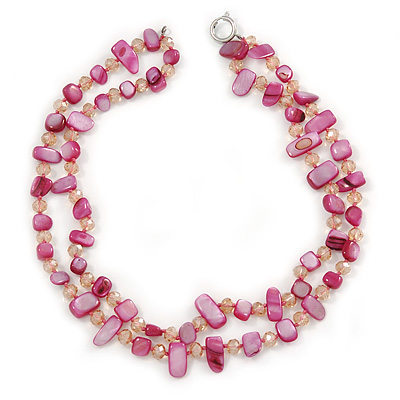 Two Row Fuchsia Shell Nugget and Nude-coloured Glass Crystal Bead Necklace - 44cm L - main view