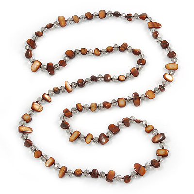 Long Brown Shell Nugget and Transparent Glass Crystal Bead Necklace - 110cm L - main view