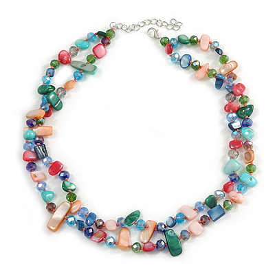 Two Row Multicoloured Shell And Glass Bead Necklace - 44cm L/ 6cm Extender