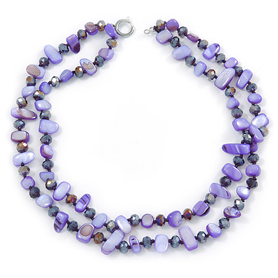 Two Row Purple Shell Nugget and Violet Glass Crystal Bead Necklace - 44cm L - main view