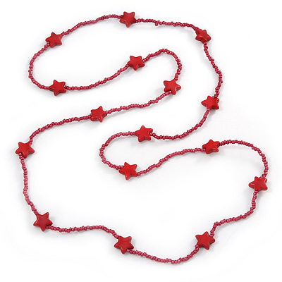 Long Raspberry Red Glass Bead, Ceramic Star Necklace - 106cm L - main view