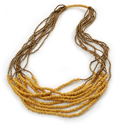 Dusty Yellow Wood and Bronze Glass Bead Multistrand Necklace - 80cm L