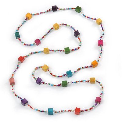 Long Multicoloured Tiny Round Glass and Cube Wood Bead Necklace - 126cm L - main view