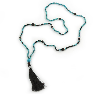 Long Turquoise Style Bead with Black Cotton Cord Tassel Necklace - 84cm L/ 9cm L-Tassel - main view