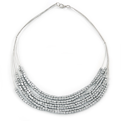 Silver Tone Multistrand Wire Necklace with Metallic Silver Acrylic Beads - 52cm L - main view