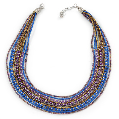 Multistrand Purple/ Bronze/ Violet Blue Glass Bead Collar Style Necklace In Silver Tone Metal - 42cm L/ 4cm Ext - main view