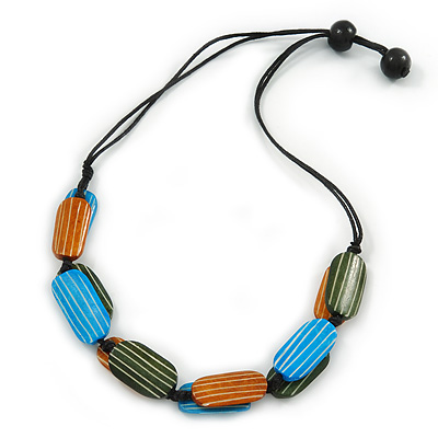Blue/ Green/ Brown Oval Ceramic Beads Black Waxed Cord Necklace - 62cm L - main view