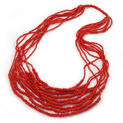 Brick Red Wood, Glass Bead Multistrand Necklace - 88cm L